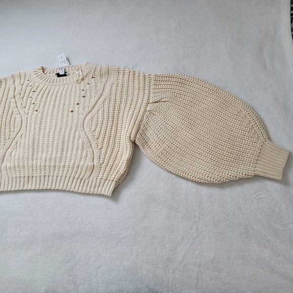 Topshop Cream Pointelle Knit Sweater Small Balloon Sleeve Chunky Pullover NWT - Picture 11 of 13